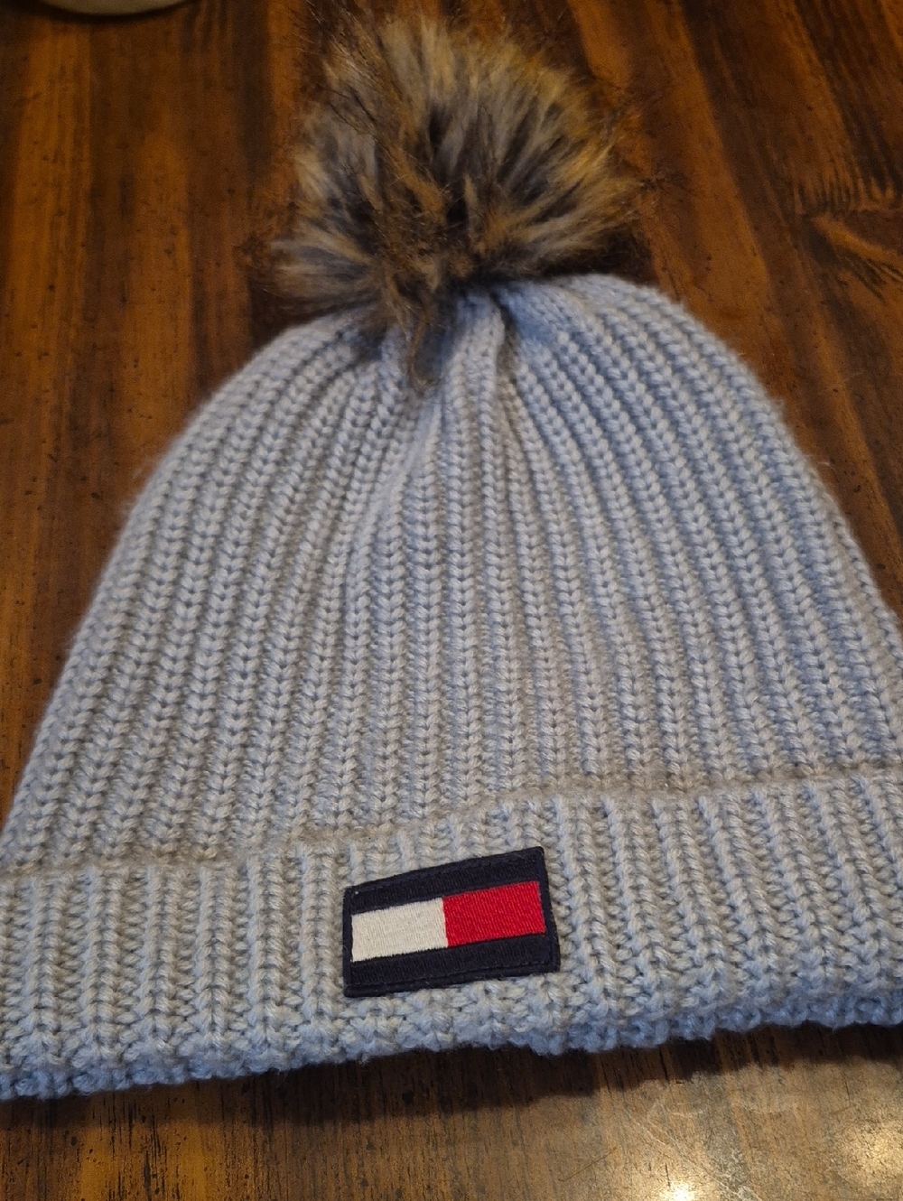 Tommy Hilfiger Light Blue Knit Beanie with Faux Fur Pom